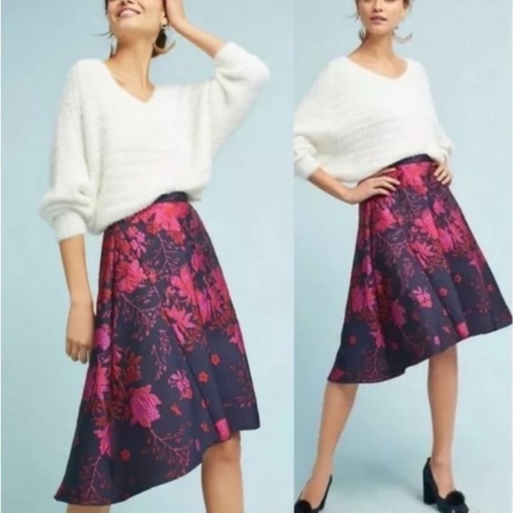 Anthropologie Eva Franco Asymmetrical Floral Jacquard Skirt Sz 2 Brocade Office - Picture 2 of 16